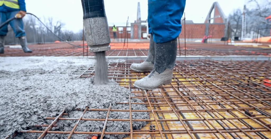 Concrete pouring over rebar grid at construction site